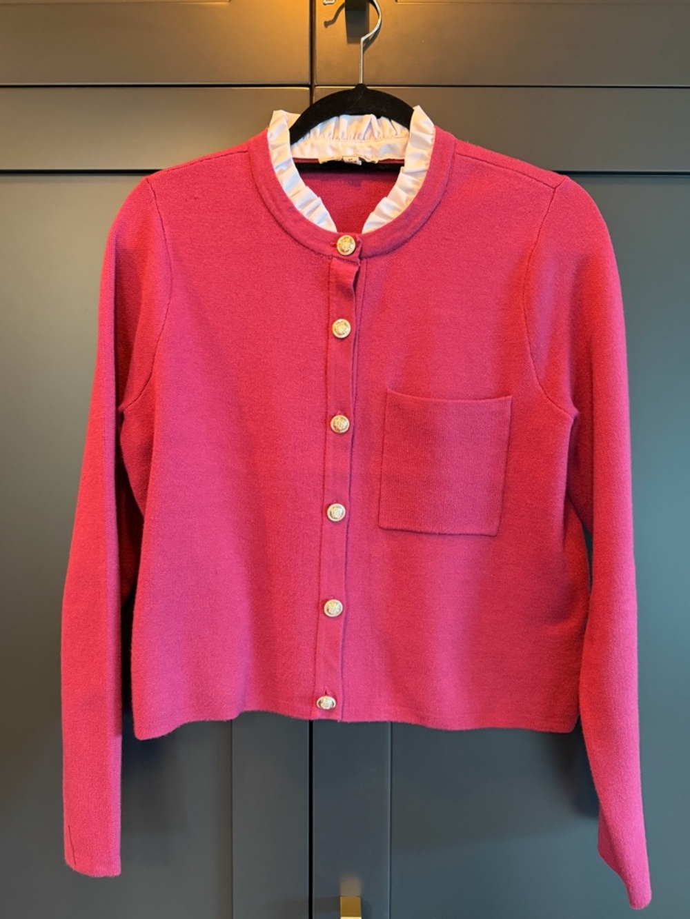 Nanette Lepore Hot Pink Ruffle-Trim Button Cardigan